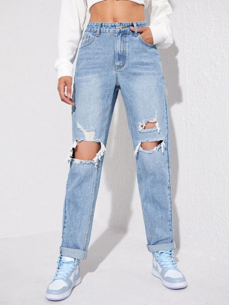 

high-waisted ripped mom jeans t5ly#, Blue