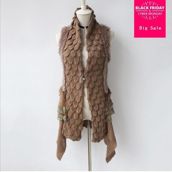 

women's fur & faux autumn jacket natural coat vest real slim open stitch spliced waistcoat female casual outwear l1533, Black