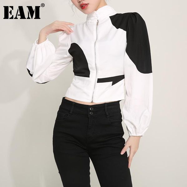 

women's blouses & shirts [eam] women white contrast color hollow out blouse stand collar long sleeve loose fit shirt fashion spring sum