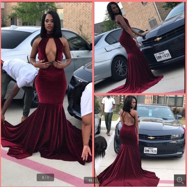 

2021 south african burgundy velvet mermaid prom dress black girls high neck open back court train evening party gowns simple red carpet form