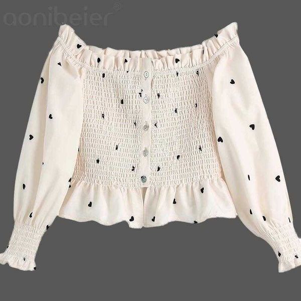 

sweet heart print girls bardot summer blouses shirred off shoulder long sleeves ruffled slim women short shirts 210604, White