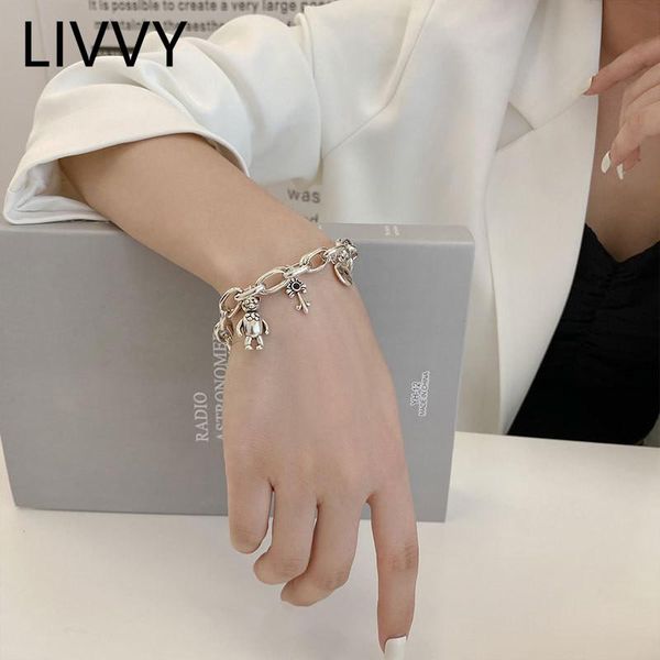 

link, chain livvy bracelet fashion vintage punk lovely bear flower round pendant thai silver color party jewelry gifts, Black