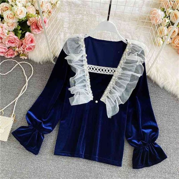 

fall winter net yarn side bead stitching square collar shirt blouse all-match lantern sleeve velvet uk840 210506, White