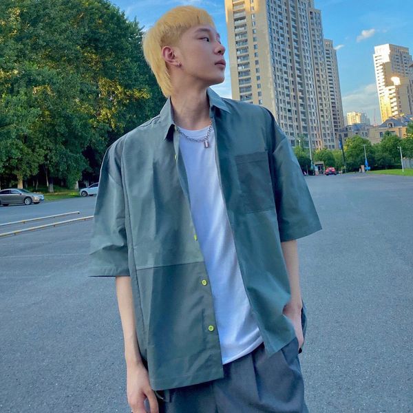 

summer men's shirt jacket patched color retro oversize style casual shirts 2 colors m-xl #511432, Black;brown