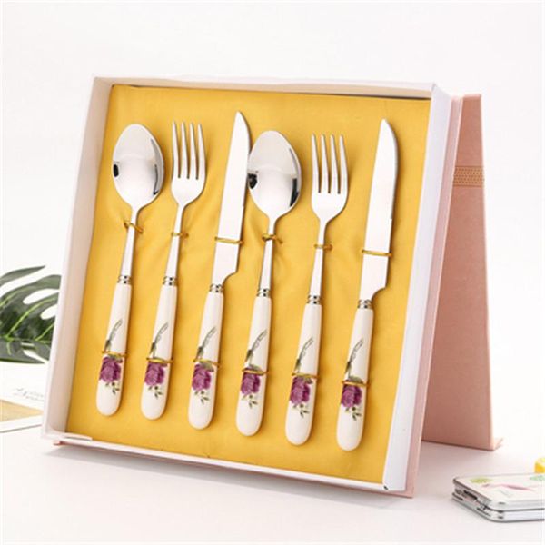 

dinnerware sets 6pcs ceramic handle tableware fork spoon knife set vintage cutlery 304 stainless steel dinner with gift box