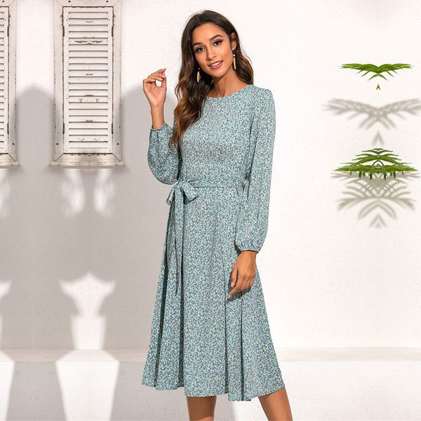 

new ladies elegant spring autumn floral print women o neck high wasit full sleeve slim casual dress female 8 colors s-xl, Black;gray