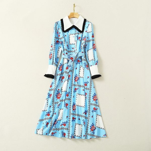 

dresses european and american women's wear winter style long sleeve lapel fashionable blue printed belt dress wajm, Black;gray