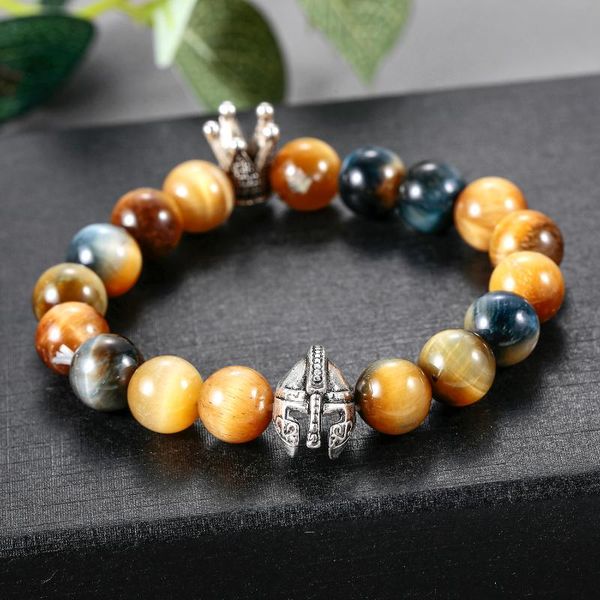 

beaded, strands fashion natural beads bracelets & bangle for men knight helmet gift him king crown handmade stretch, Black