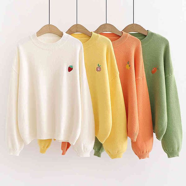 

sweet fruit embroidered sweater autumn winter women's long-sleeved bottoming loose korean lazy knitted gd491 210506, White;black