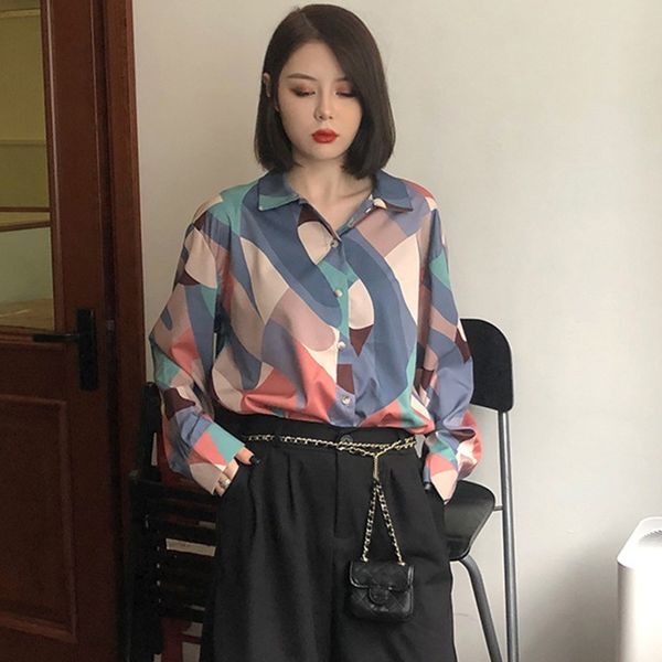Blusa de pintura a óleo retrô mulheres coreano frouxo chiffon blusa manga longa camisas de moda blusa casual XL X0521