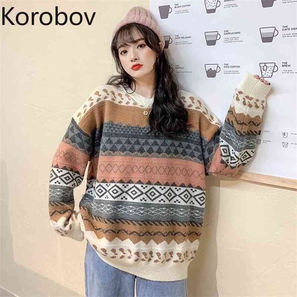 

korobov japanese women sweaters new chic autumn winter female knittwear vintage sweet preppy style striped sweater 210430, White;black