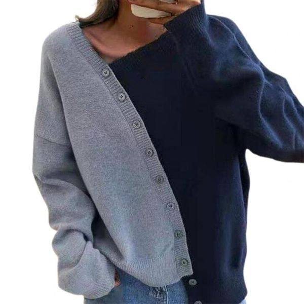 

women's sweaters 2021 autumn winter pullovers sweater women oblique neck contrast colors casual irregular buttons knitted knitwear, White;black