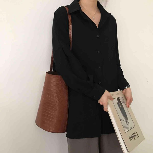 

arrival oversize all match office lady clothe femme chic fashion shirts korean high street solid ol lapel 210421, White