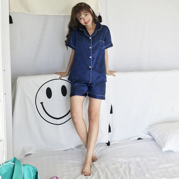 

sleepwear 2021 female summer silk of the fake plain colour leisure nightwear short sleeve shirt and short-sleeved pyjamas oc6 suit, Black;red