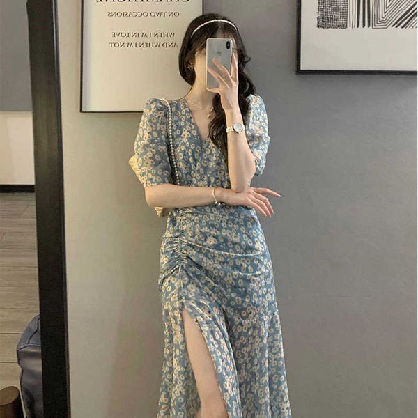 

2021 women's summer french first love long skirt chic split flower drs, Black;gray