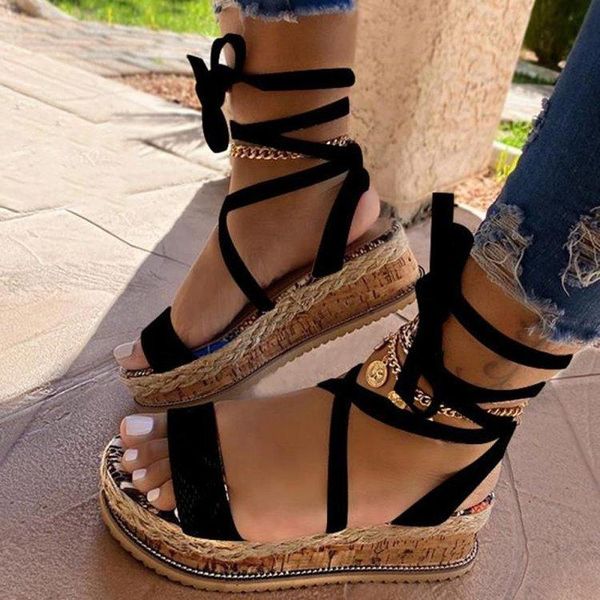 

sandals 2021 summer fashion women platform heels roman style cross strap ankle lace peep toe beach party ladies shoes, Black