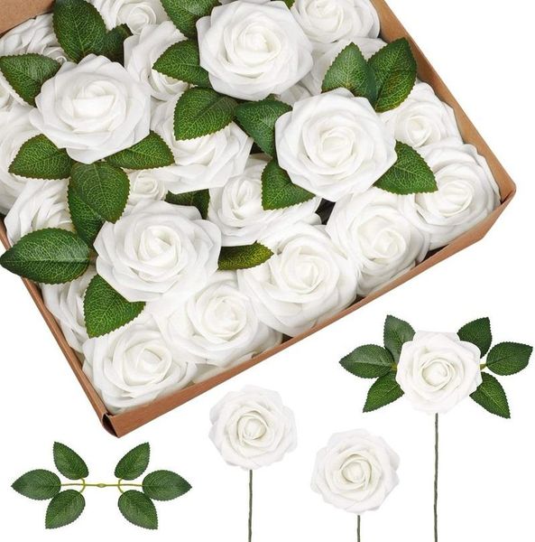 

decorative flowers & wreaths 50pcs artificial faux fake white roses for diy wedding bouquets bridal shower party home decorations
