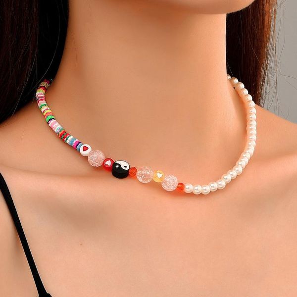

chains ins style colored handmade soft ceramic beaded necklace fashion beautiful and cute ethnic rice bead clavicle chain, Silver