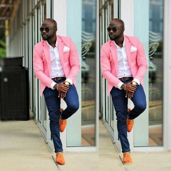 Abiti da uomo casual rosa per smoking da sposo africano da ballo slim fit 2 pezzi con pantaloni blu navy Blazer moda maschile 2021 X0909