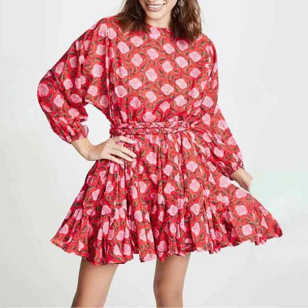 

australian holiday style printed lantern sleeve lace-up pleated loose, Black;gray