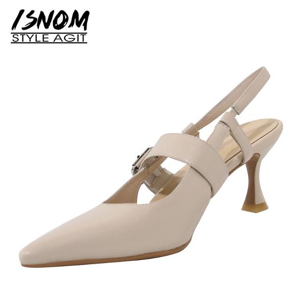 

sandals isnom women genuine leather slingback buckle pointed toe high heel ladies casual elegant summer shoes, Black