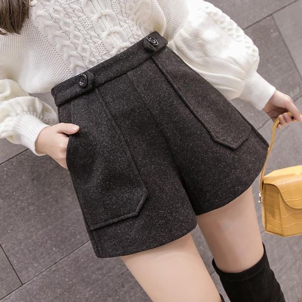 

women's shorts spring elegant woolen women high waist wide leg 2021 harajuku button ladies plus size casual short mujer, White;black