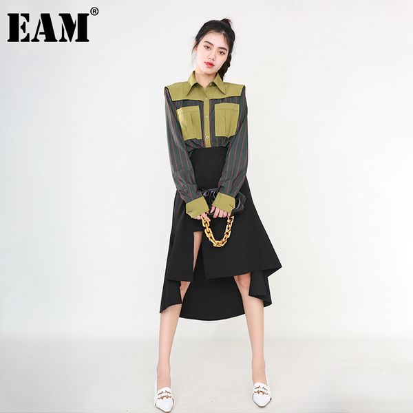 

[eam] women striped pocket green big size blouse lapel long sleeve loose fit shirt fashion spring autumn 1dd459306 210512, White