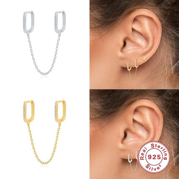 

hoop & huggie 925 sterling silver crystal rectangle tassel chain earrings for women girls fashion jewelry pendientes plata, Golden;silver