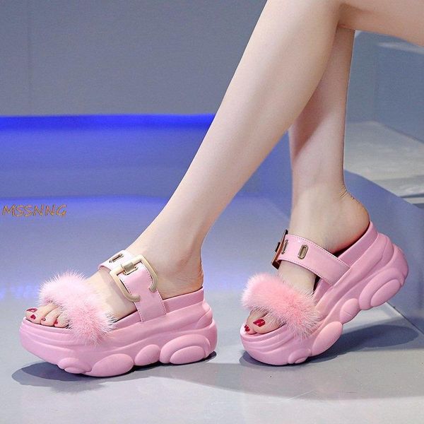 

slippers women summer thick bottom furry slides fashion metal buckle platform wedge casual ladies shoes woman outdoor, Black