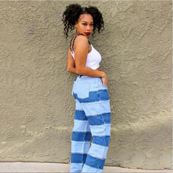 

women's jeans fall 2021 women's stitching color hip-lifting wild fashion casual denim loose wide-leg trousers ws161, Blue