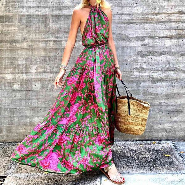

2021 summer new women's dress with neck and backless print, Black;gray