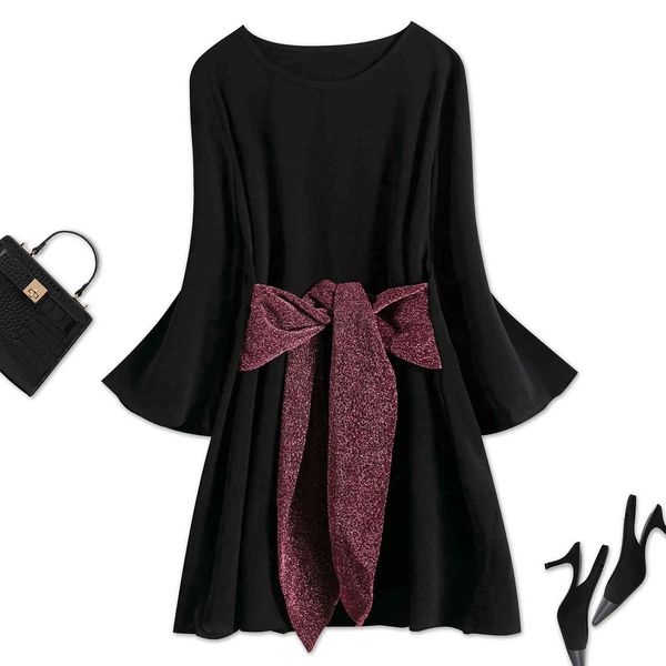 

women's plus size hy30207# bla round ne long sleeve pleated waist tie elegant large