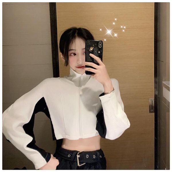 

women's jackets korean style clothing turtleneck zipper panelled fashion spring casual crop long sleeve 2021 coats, Black;brown