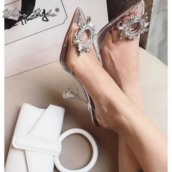 

2021 summer rhinestone sandals women transparent pvc slingback high heels pointed toe wedding shoes mujer, Black