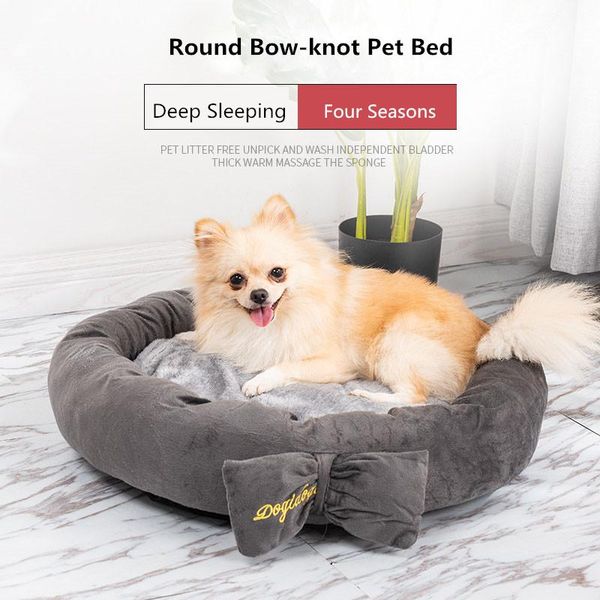 

cute bow tie design round dog bed mats cat puppy warm winter pet nest sofa kennel doggy teddy bedding luxury princess kennels & pens
