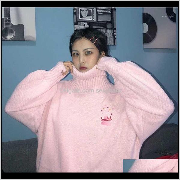 

sweaters womens clothing apparel drop delivery 2021 nicemix kawaii cartoon embroidery pink turtleneck lolita winter autumn loose sweater kor, White;black