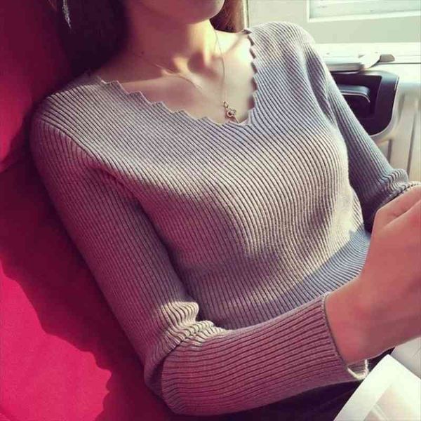 

fashion autumn women v-neck long-sleeve knitted sweater female jumper pullover solid basic elasticity women clothing pull femme, White;black