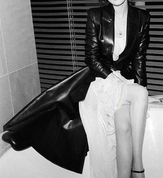 

women's leather & faux women slim black adjust waisted tuxedo jacket female spring fall high street fashion long pu coat clothes
