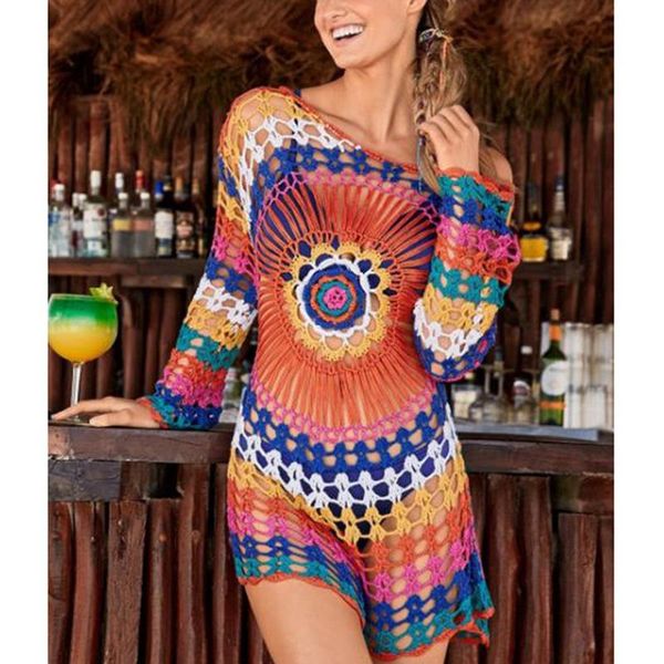 

women's crochet hollow blouse beach knit long sleeve vacation wear bikini rainbow multicolor  t-shirt, White
