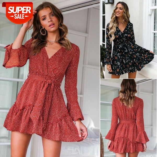 

women's fashion sheer back deep v-neck sashes floral print casual dress long sleeve dresses summer spring mini 2020 #af2b, White;black