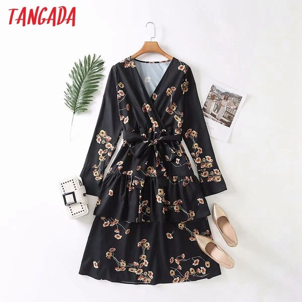 

spring fashion women flowers print with slash v neck long sleeve casual female midi dress me8 210416, Black;gray