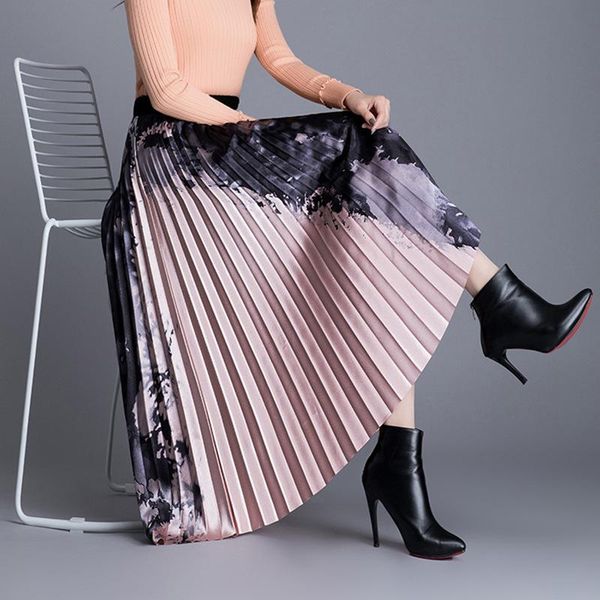 

spring autumn vintage printing pleated long skirts womens european style elastic high waist elegant midi skirt saias, Black
