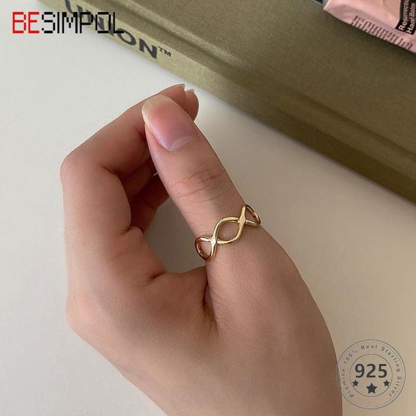 

cluster rings besimpol real 925 sterling silver elegant chic cross line open adjustable for women simple fine jewelry gifts, Golden;silver