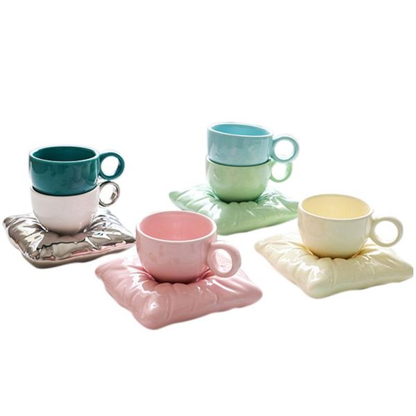 

mugs 200ml ceramic coffee cup saucer set nordic creative colorful milk juice tea mug ice cream macaron pillow bag office gift