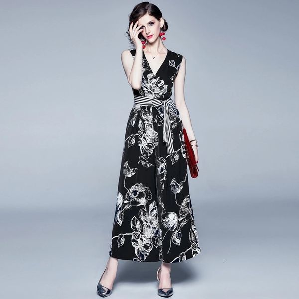 

european and american fashion printed wide leg jumpsuit (send belt), Black;white