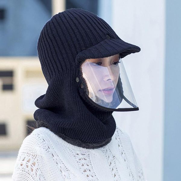 

winter scarf warm full face woolen hat knitted ear protection reathable wool bike riding mask transparen cycling caps & masks, Black