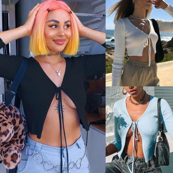 

autumn and v neck womens t shirts open long sleeve clothing party, White