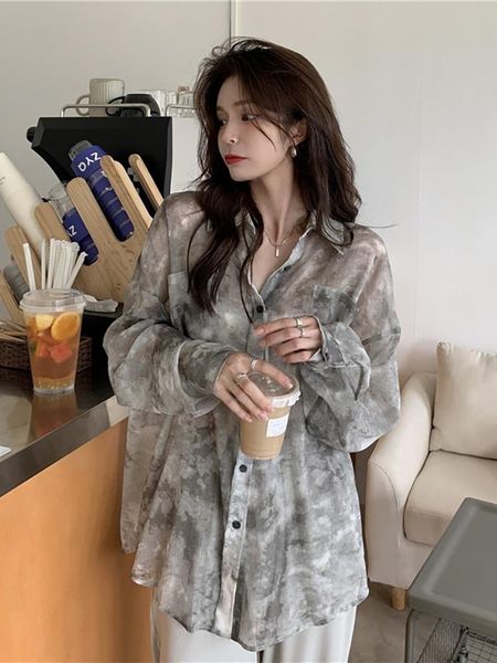 

women's jackets two piece set women tie dyed sunscreen shirt summer korean 2021 loose medium long thin air conditioning blouse, Black;brown