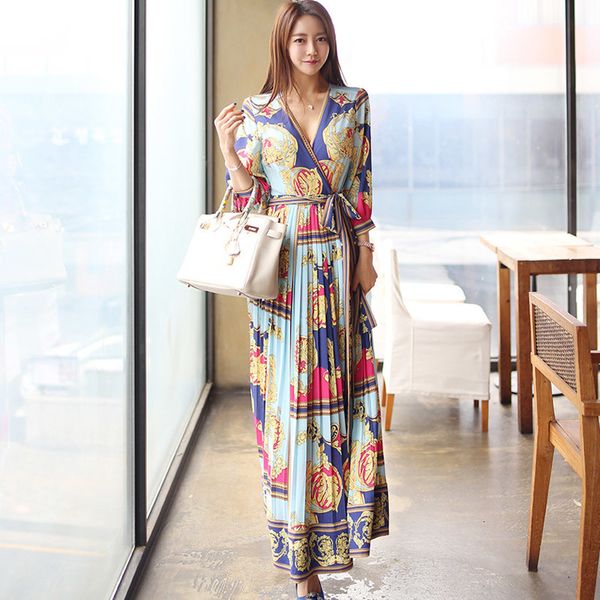 

dresses elegant cross v neck sashes long women summer holiday vintage print pleated es waist swing ankle-length vestidos, Black;gray