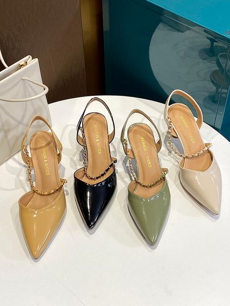 

sandals stiletto pointed toe set foot metal chain pure color temperament ladies summer style., Black